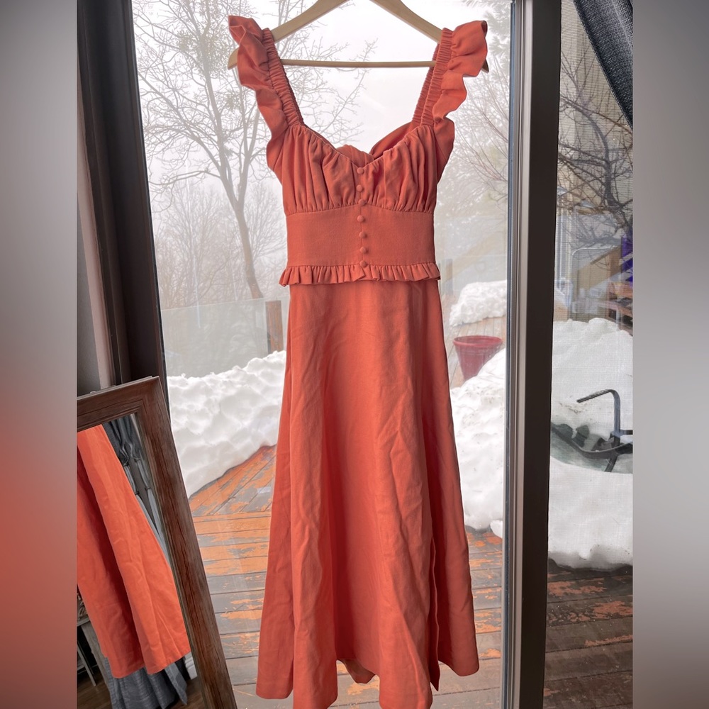 Lavish Alice: Ruffled Tie Back Garden Spring Midi Dress in Coral Linen Blend - Picture 9 of 16